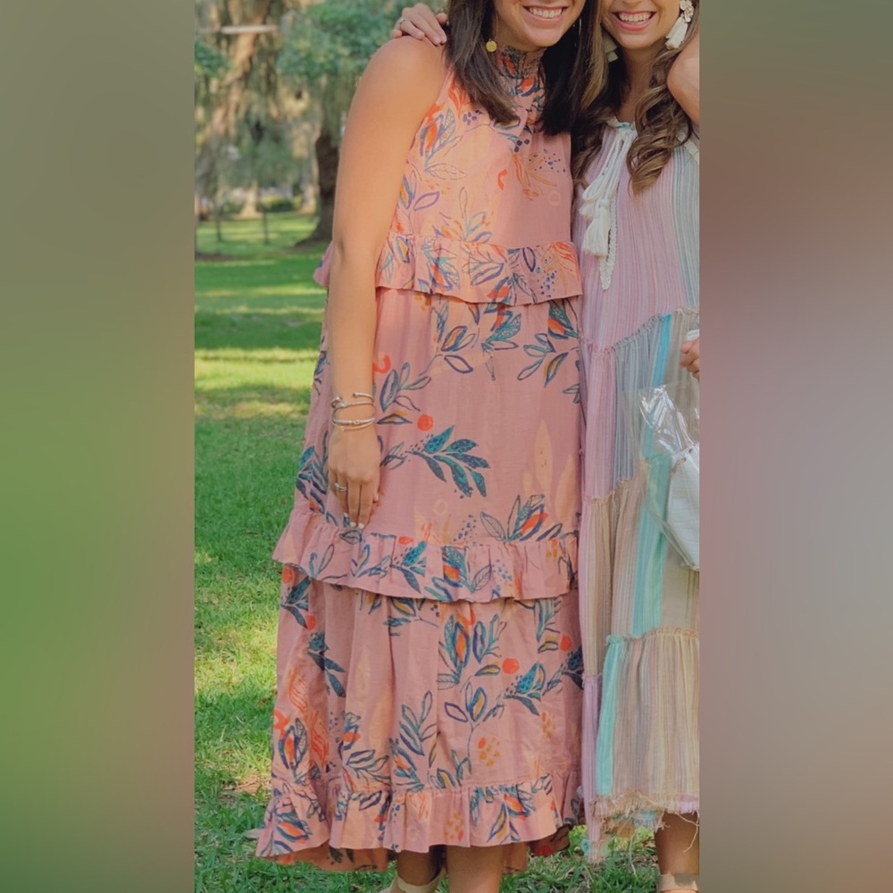 Free People Pink Floral Tiered Midi Dress